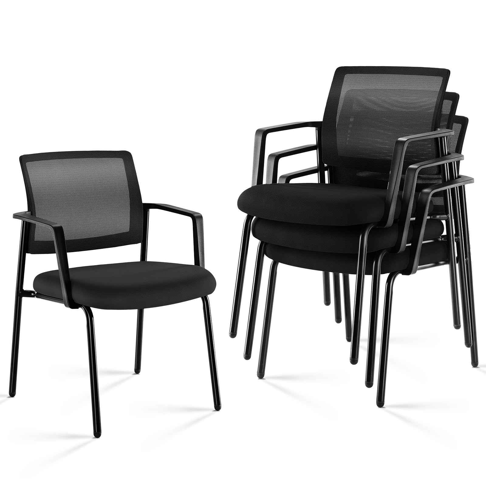 4 Pack Black, Mesh Back Stacking Arm Chairs, Upholstered Fabric Stacking Chairs, Sturdy Metal Office Chairs, Easy to Use and Store, Outdoor and Indoor, for Home, School, Party, Church,