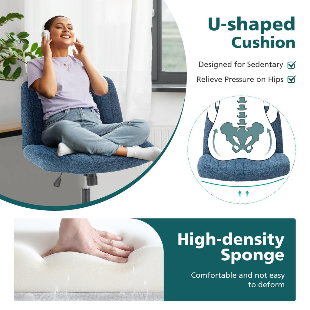 Criss Cross Chair with Wheels Wide Cross Legged Office Desk Vanity Chair Comfy Fabric Armless Height Adjustable Swivel for Home Computer Task Blue