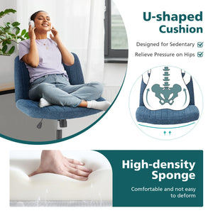 Criss Cross Chair with Wheels Wide Cross Legged Office Desk Vanity Chair Comfy Fabric Armless Height Adjustable Swivel for Home Computer Task Blue
