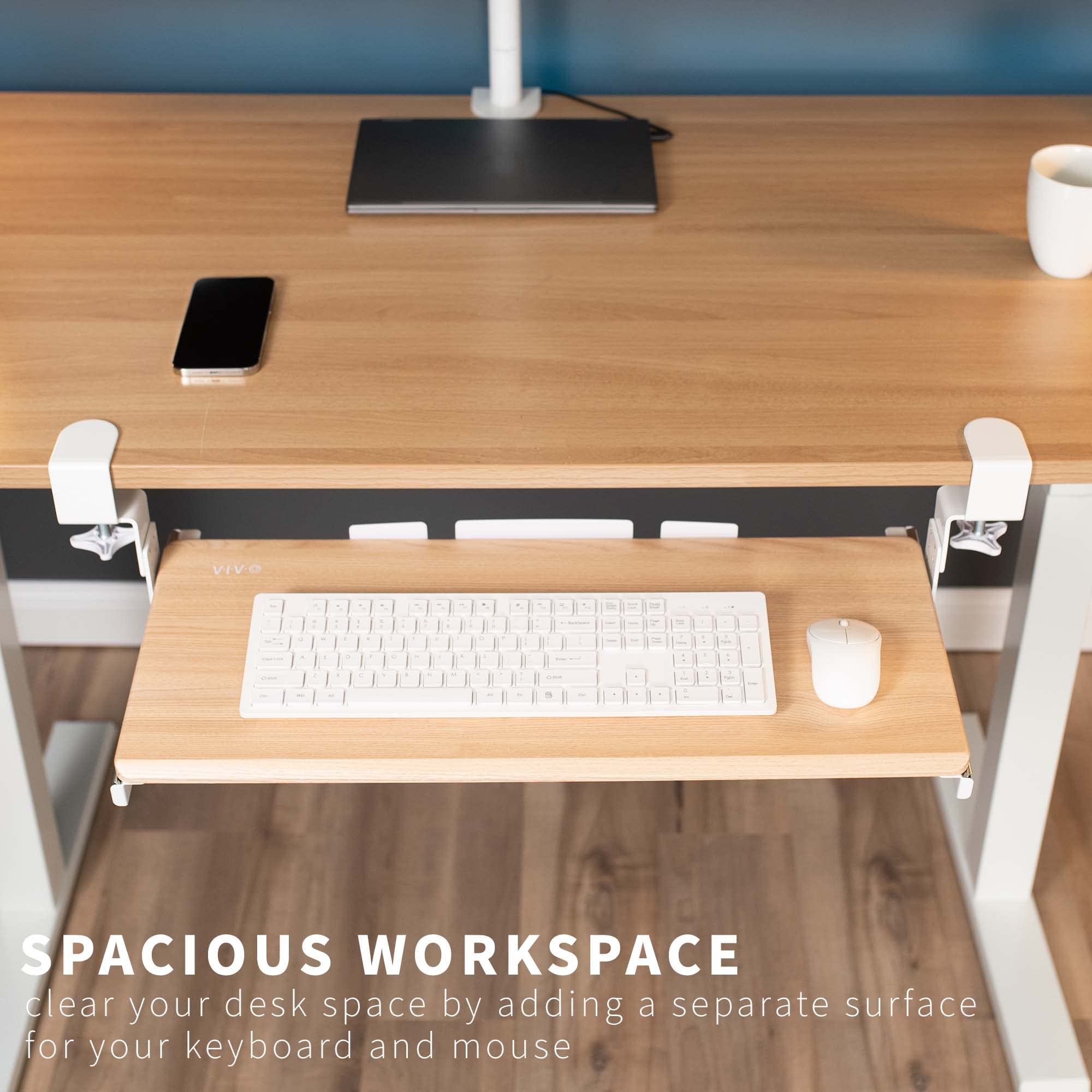Large Height Adjustable Under Desk Keyboard Tray, C-clamp Mount System, 27 (33 Including Clamps) x 11 inch Slide-Out Platform for Typing, Light Wood, MOUNT-KB05HA