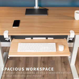 Large Height Adjustable Under Desk Keyboard Tray, C-clamp Mount System, 27 (33 Including Clamps) x 11 inch Slide-Out Platform for Typing, Light Wood, MOUNT-KB05HA