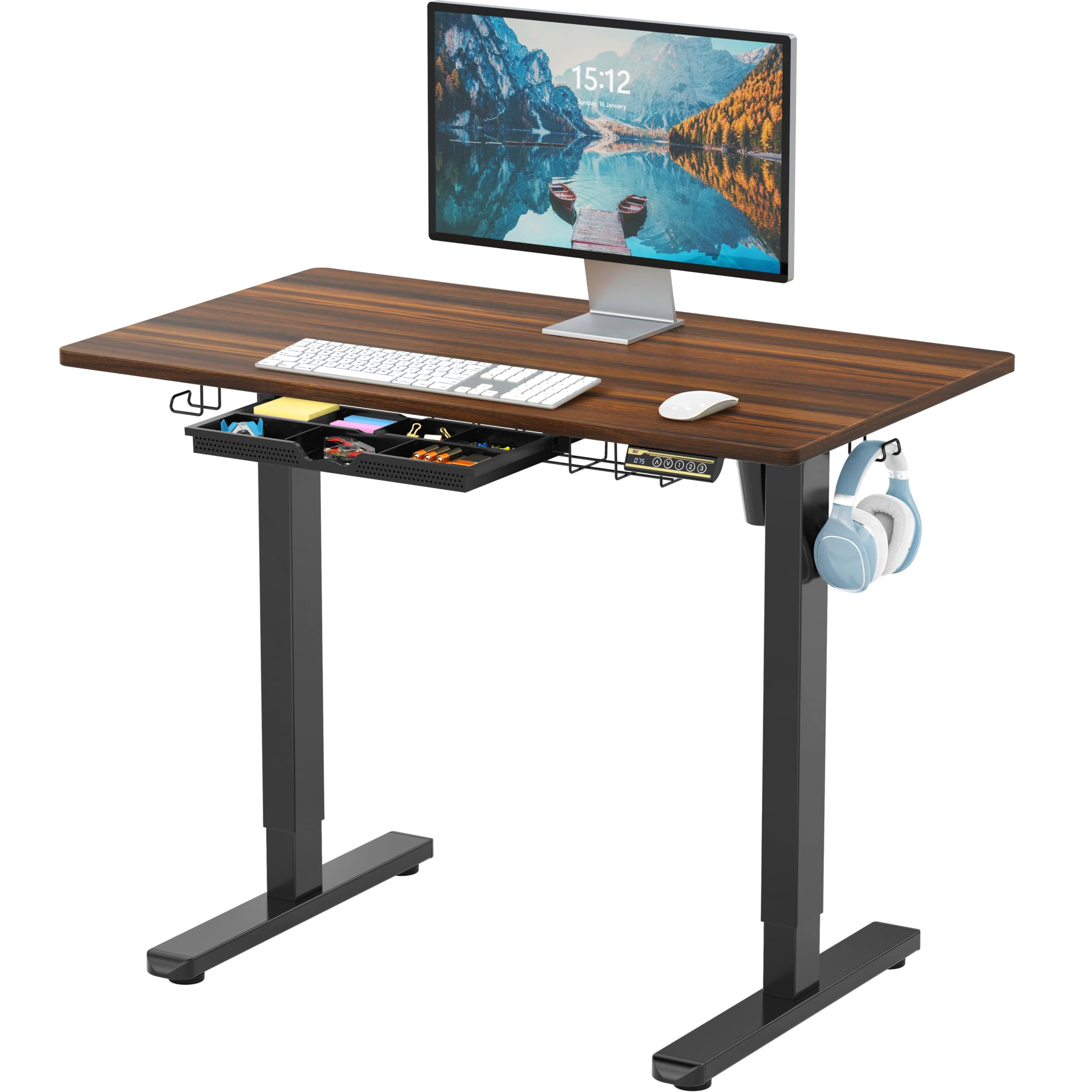 40-Inch Electric Height Adjustable Standing Desk with Drawer, Memory Preset and Cable Management Tray, Walnut