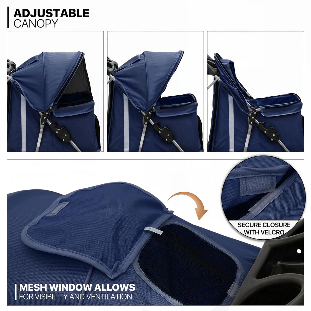 3 Wheels Pet Stroller, Foldable Dog Cat Cage Jogger Stroller with Weather Cover for All-Season, Storage Basket and Cup Holder, Breathable and Visible Mesh for Small/Medium Pets, Blue