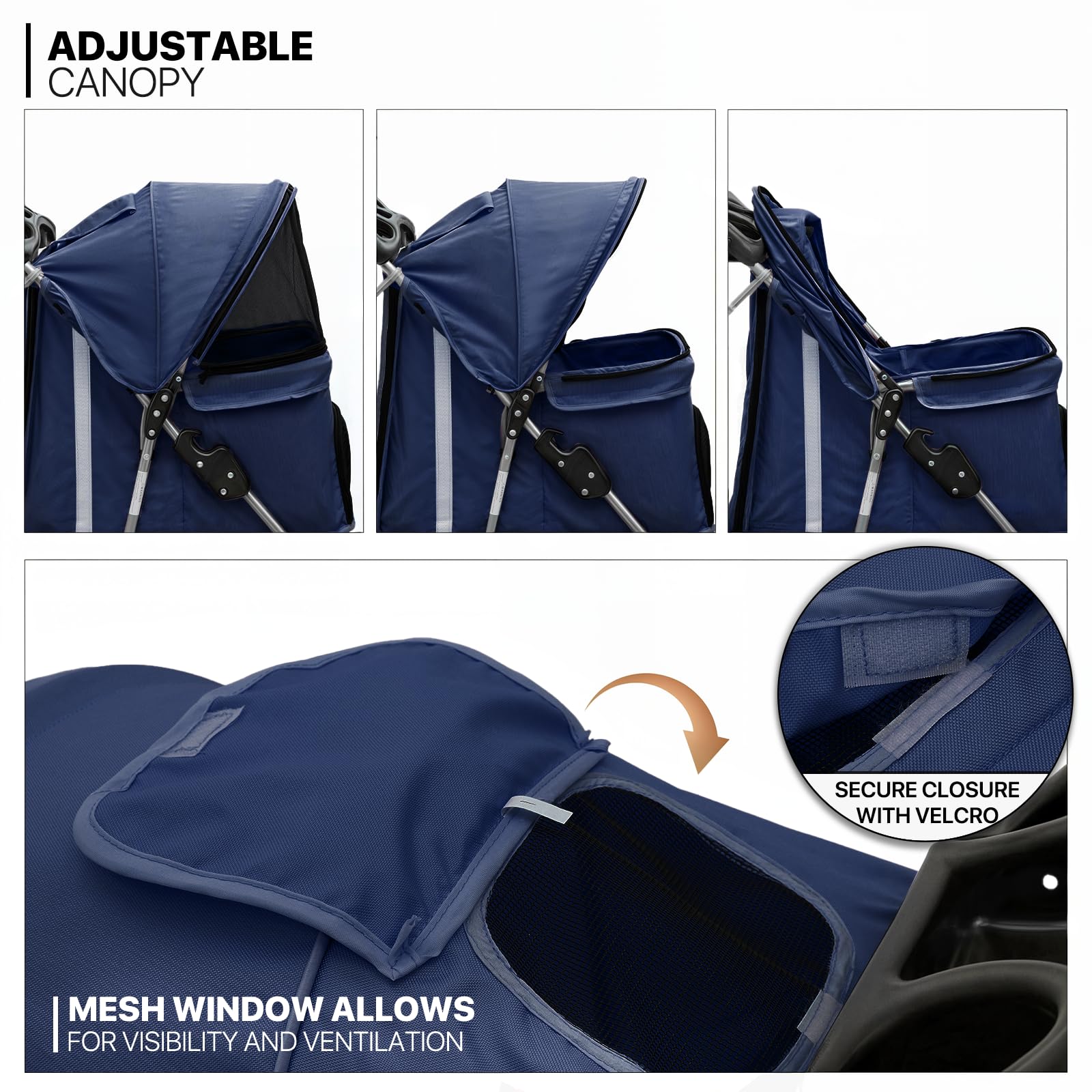 3 Wheels Pet Stroller, Foldable Dog Cat Cage Jogger Stroller with Weather Cover for All-Season, Storage Basket and Cup Holder, Breathable and Visible Mesh for Small/Medium Pets, Blue