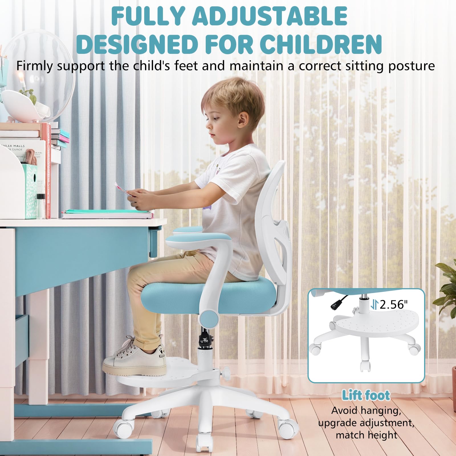 Kids Desk Chair Ergonomic Study Chair with Flipped Armrest and Footrest Adjustable Height Swivel Kids Computer Chair Mesh Desk Chair for Boys Girls Children at Home Bedroom Study Room Blue