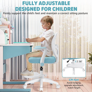 Kids Desk Chair Ergonomic Study Chair with Flipped Armrest and Footrest Adjustable Height Swivel Kids Computer Chair Mesh Desk Chair for Boys Girls Children at Home Bedroom Study Room Blue