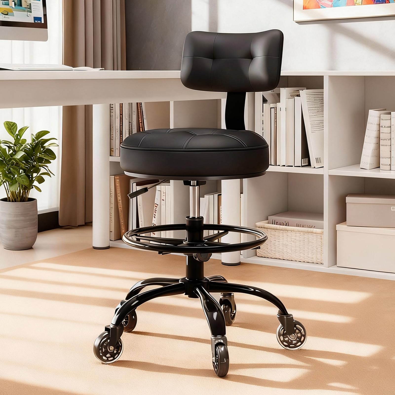 Office Drafting Chair with Footrest, Tall Height Adjustable Stool with Back Support, Heavy Duty Rolling Stool Chair with Wheels for Office Home Kitchen Bar Shop Guitar Studio Vanity, Black