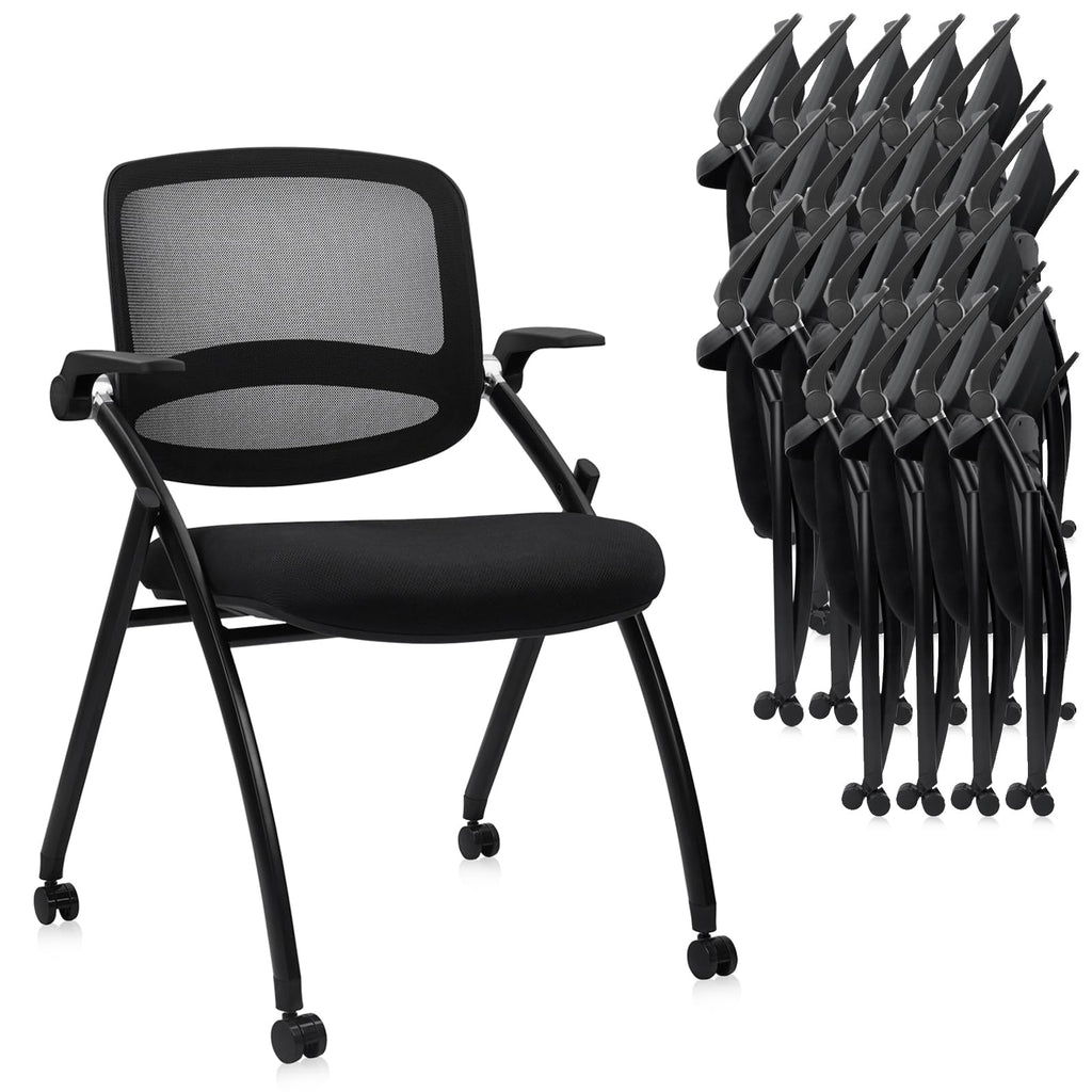20PACK, Stackable & Foldable Chairs with Flip Up Armrests, Reception Guest Chairs with Wheels, Ergonomic Curved Mesh Back Folding Chair for Office Meeting Schools Conference Waiting Room,