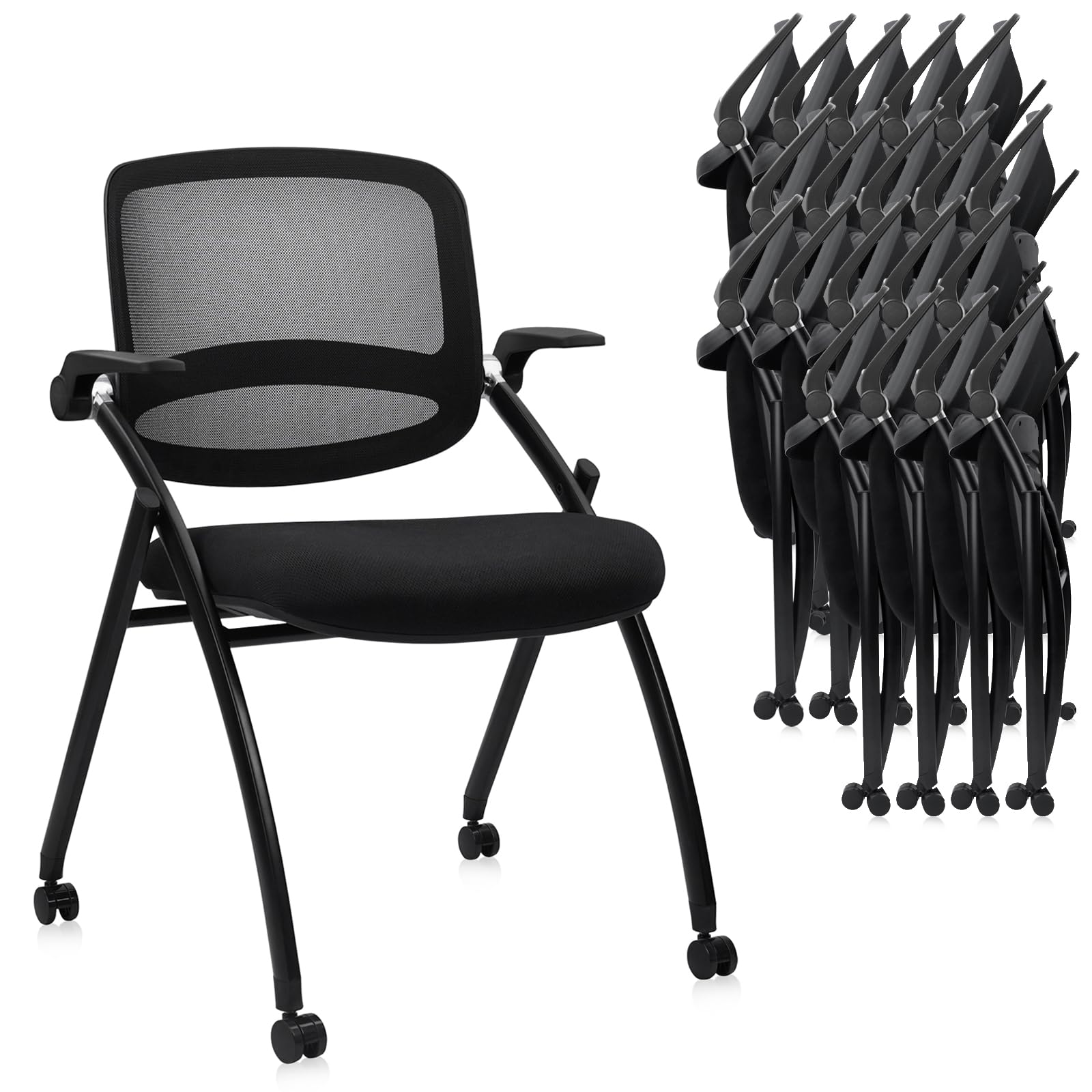20PACK, Stackable & Foldable Chairs with Flip Up Armrests, Reception Guest Chairs with Wheels, Ergonomic Curved Mesh Back Folding Chair for Office Meeting Schools Conference Waiting Room,