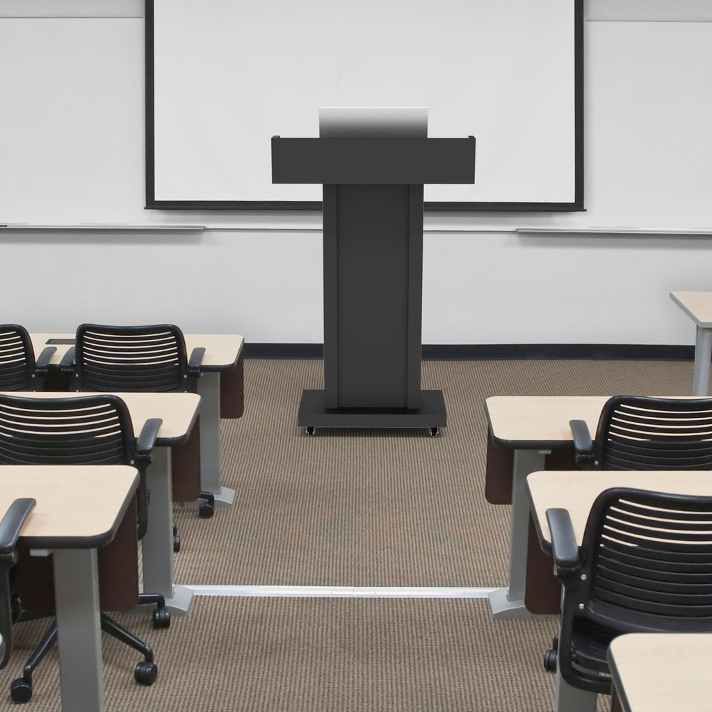 Heavy-Duty Black Metal Podium Stand with Lockable Wheels | Mobile Lectern with Storage Cabinet & Standard 44.56" Height | for Conference Rooms, Churches, Classrooms & Events (Style 3)