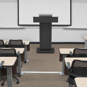 Heavy-Duty Black Metal Podium Stand with Lockable Wheels | Mobile Lectern with Storage Cabinet & Standard 44.56