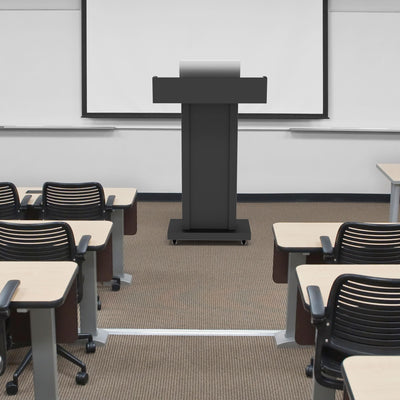 Heavy-Duty Black Metal Podium Stand with Lockable Wheels | Mobile Lectern with Storage Cabinet & Standard 44.56
