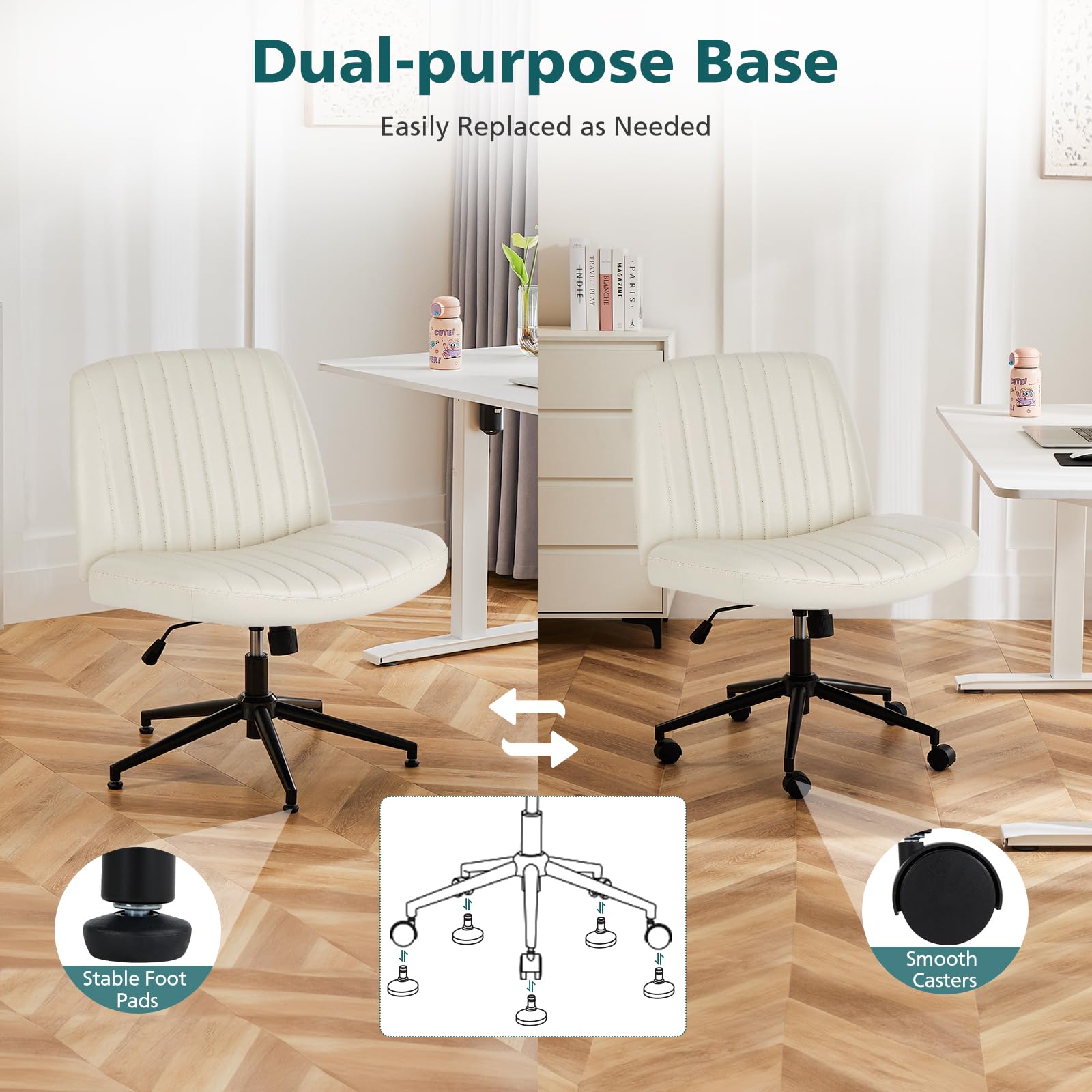Criss Cross Chair with Wheels Wide Cross Legged Office Desk Vanity Chair Comfy Fabric Armless Adjustable Swivel for Home Computer Task PU Beige