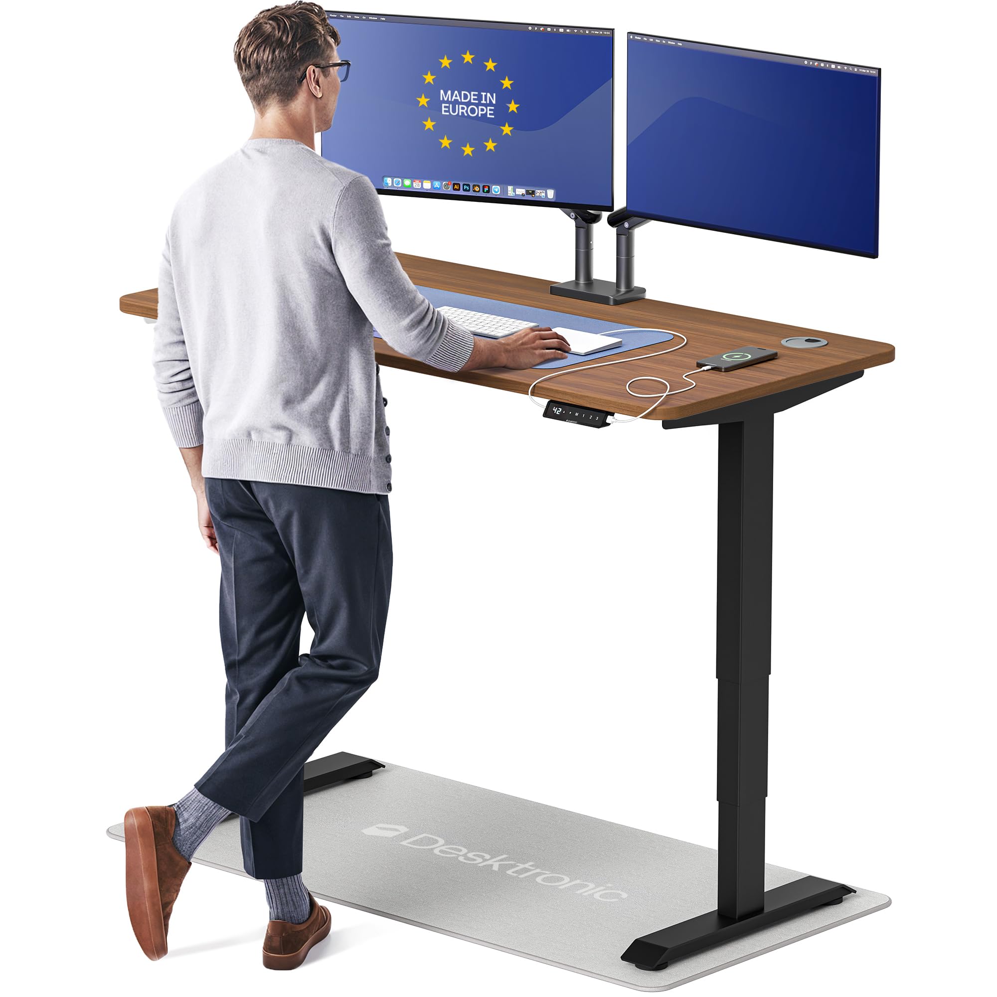 HomePro Standing Desk 54x28 — Made in Europe, Ergonomic Sit Stand Home Office Desk, Electric Height Adjustable, Dual Motor, USB & USB-C Charging, Wobble-Free, Touchscreen, 3 Memory Presets