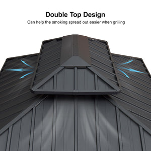 6.5' X 12' Hardtop Grill Gazebo for Patio Permanent Aluminum Barbeque Shelter with Ceiling Hook and Shelves Double Tiered Grey Outdoor BBQ Gazebo