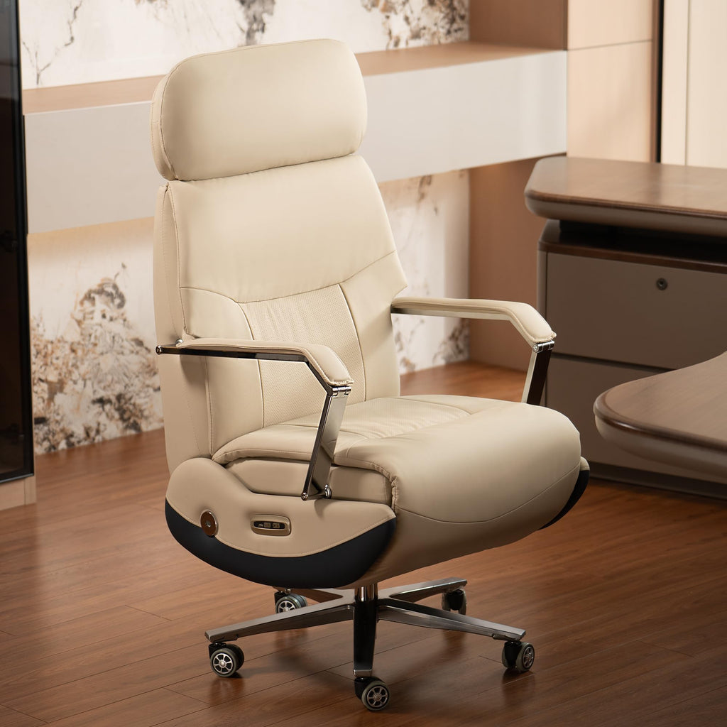 Ergonomic Power Recliner Chair for Long Hours, Leather Electric Luxury Office & Home Desk Chair with Back Heating and Ventilation, 3-Speed Cooling, 400Lbs Capacity (Light Coffee)