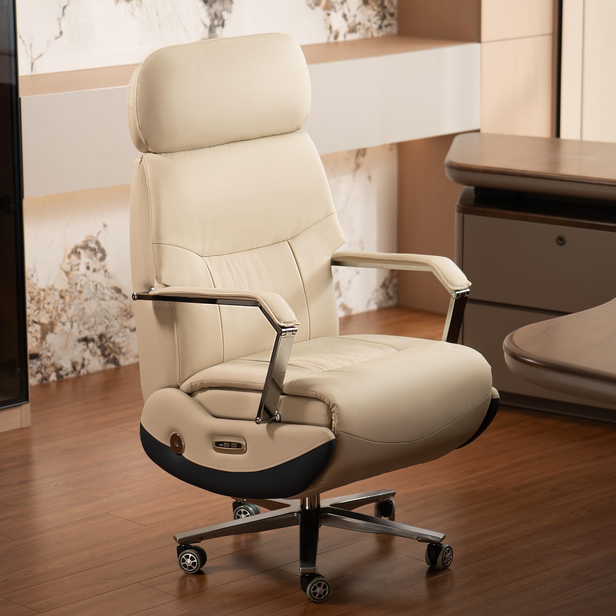 Ergonomic Power Recliner Chair for Long Hours, Leather Electric Luxury Office & Home Desk Chair with Back Heating and Ventilation, 3-Speed Cooling, 400Lbs Capacity (Light Coffee)