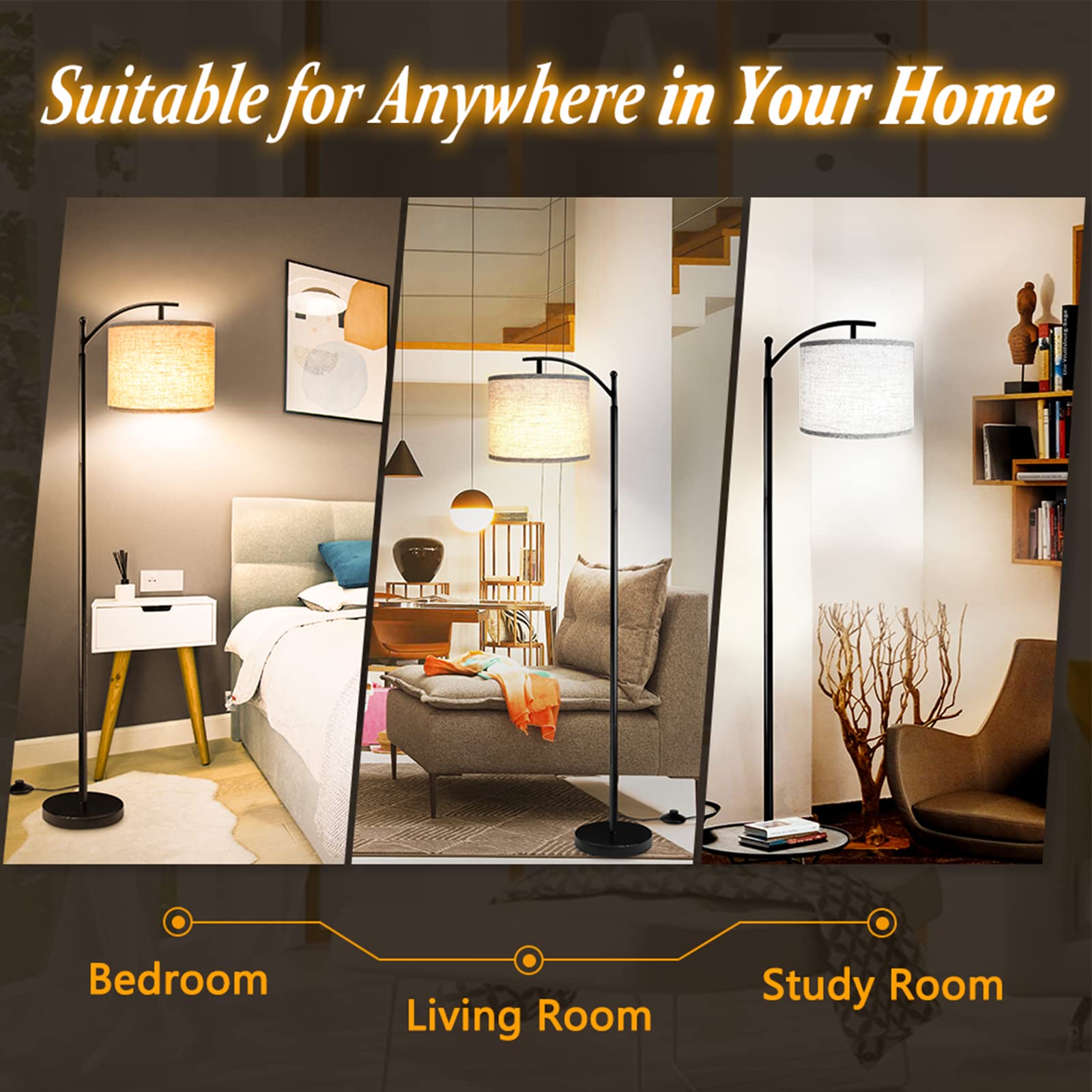 Floor Lamp for Living Room with 3 Color Temperatures LED Bulb, Standing Lamp Tall Industrial Floor Lamp Reading for Bedroom, Office (9W LED Bulb, Beige Lampshade Included) -Black