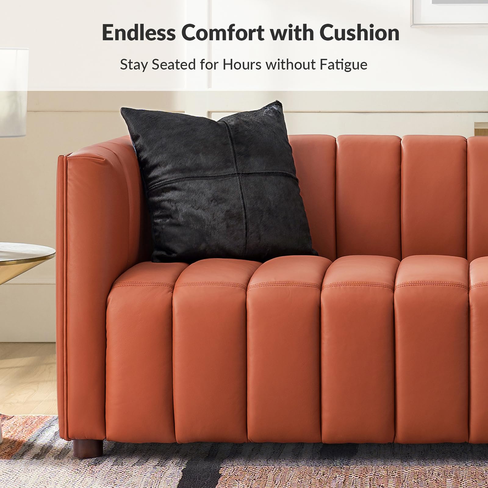 83" Genuine Leather Sofa with Channel Tufted Design, 3-Seater Sofa for Living Room Bedroom, Modern Oversized Couch with Wood Legs, Brick