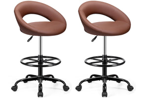 Brown 2 Pack, Drafting Chair with Back, Height Adjustable Rolling Stool with Foot Rest, Tall 360° Swivel Stool PU Leather Chair with Wheels for Home Office, Standing Desk