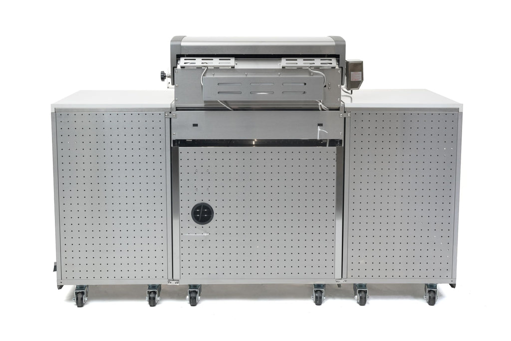Premium 70"W x 24"D Stainless Steel Compact Outdoor Kitchen Island with Refrigerator + 32"W 4-Burner BBQ Grill with Infrared Rotisserie Burner + Storage Cabinets + White Granite Countertops