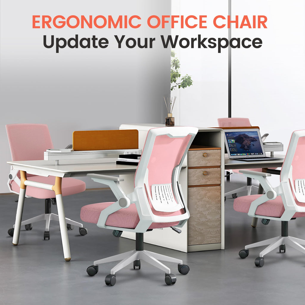 Ergonomic Office Chair with Flip-up Armrests Executive Computer Chair for Home Office, Breathable Mesh & Comfy Lumbar Support, Pink