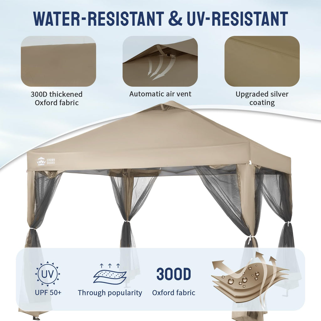 Gazebo 10x10 Pop Up Canopy with Mosquito Netting, Screen Tent with 4 Ropes, 8 Stakes, 4 Sandbags and Wheeled Storage Bag, Canopy for Patio & Backyard, Beige