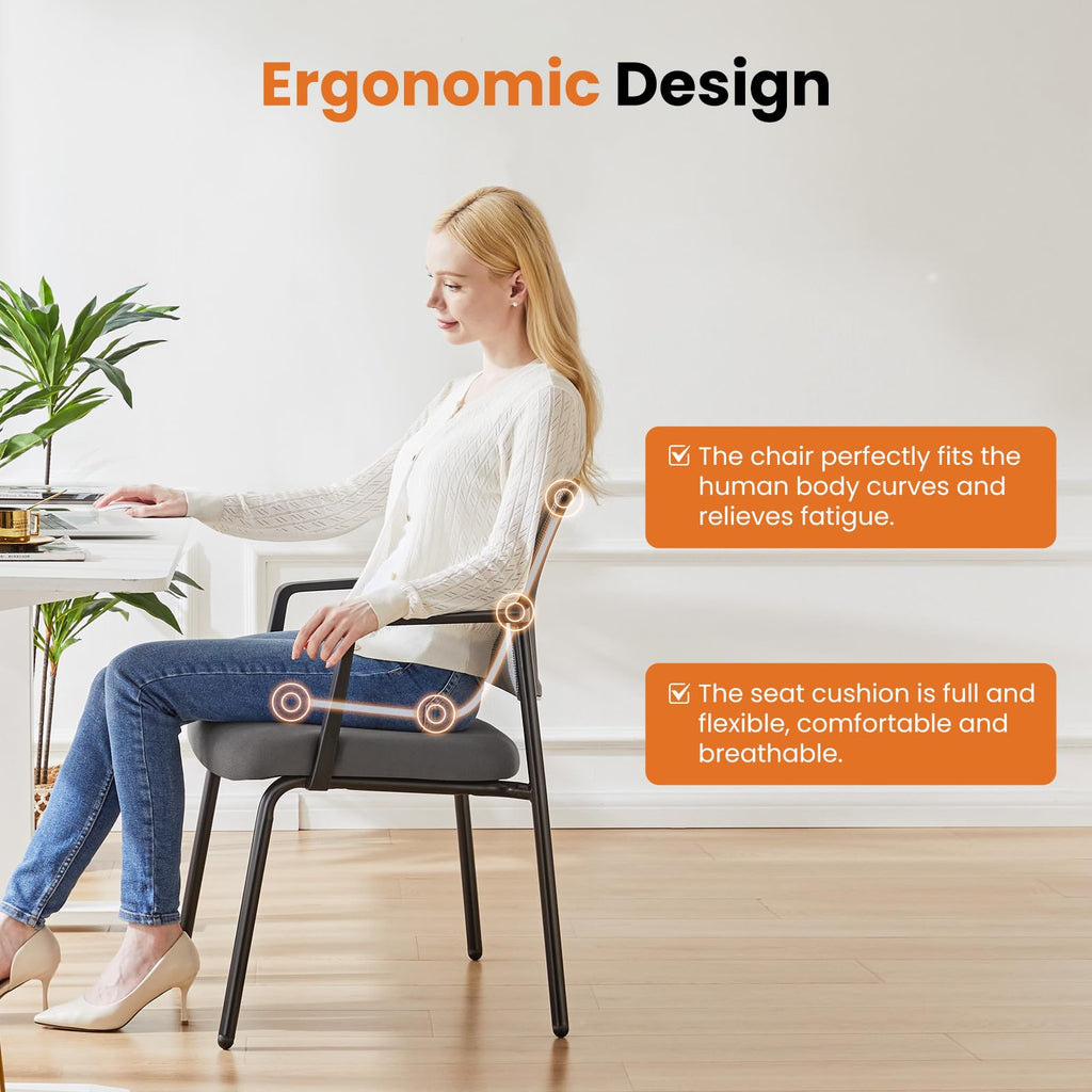 2 Pack Grey, Mesh Back Stacking Arm Chairs, Upholstered Fabric Stacking Chairs, Sturdy Metal Office Chairs, Easy to Use and Store, Outdoor and Indoor, for Home, School, Party, Church,