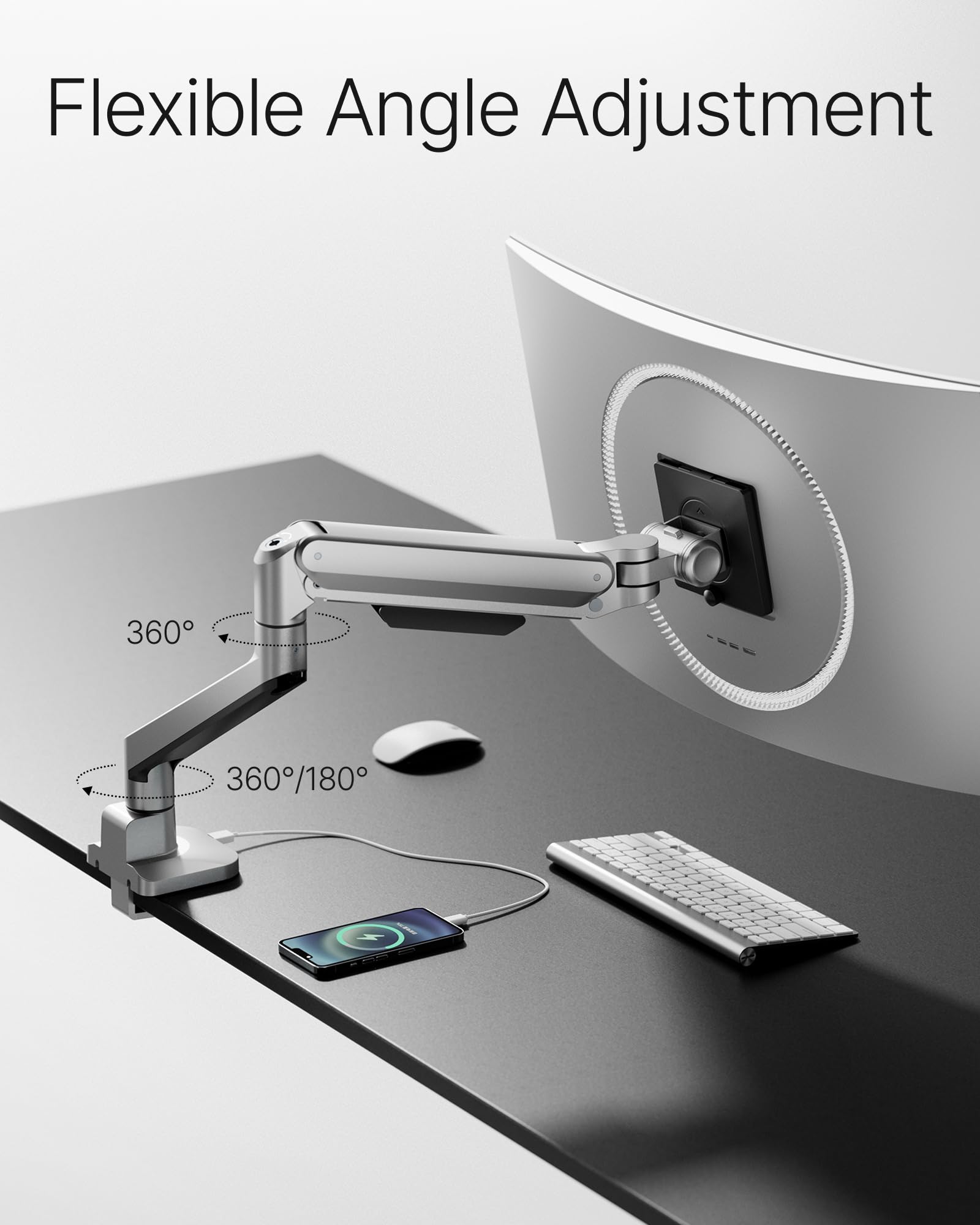 Deluxe Monitor Arm with USB A/C up to 40 Inch Holds 26.4 lbs Curved Screens Aluminum Fully Motion Single Monitor Stand with Clamp/Grommet, Quick Release Plate,75/100mm VESA,MA1008UCSL