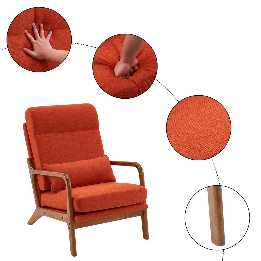 High Back Linen Burnt Orange Mid Century Modern Accent Chair, Soild Wood Padding Lounge Armchairs Side Sitting Chairs for Living Room, Bedroom, Guest Room