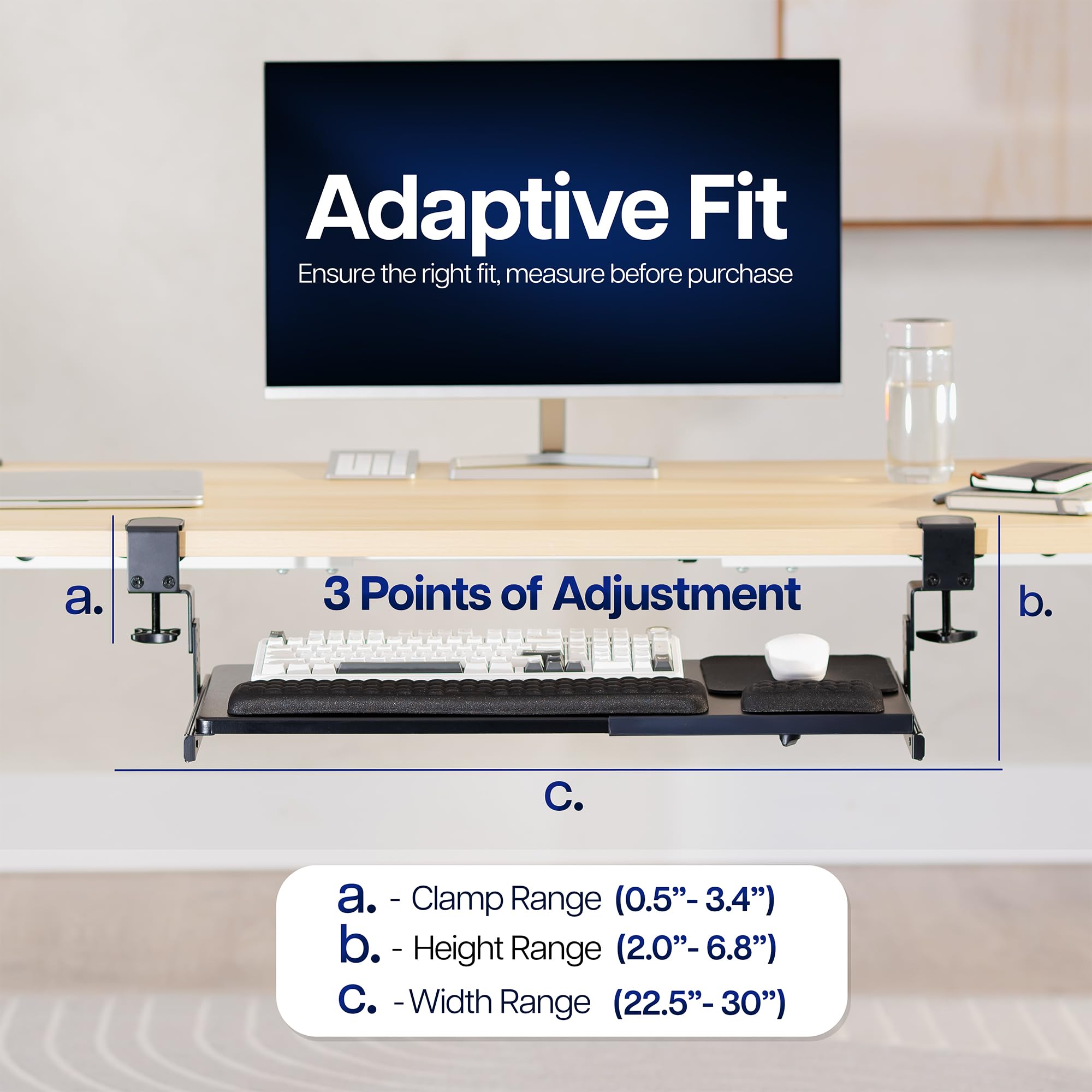 Large Height and Width Adjustable Under Desk Keyboard Tray, C-clamp Mount System, 22.5” to 30” (28.5” to 36” Including Clamps) x 11 inch Slide-Out Platform for Typing, Black, Mount-KBST1