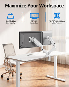 Dual Monitor Stand for Desk, Monitor Arms for 2 Monitors Max 32 Inches, Height Adjustable Double Monitor Mount, VESA Mount with C-Clamp & Grommet Base, Holds 4.4-17.6lbs, White