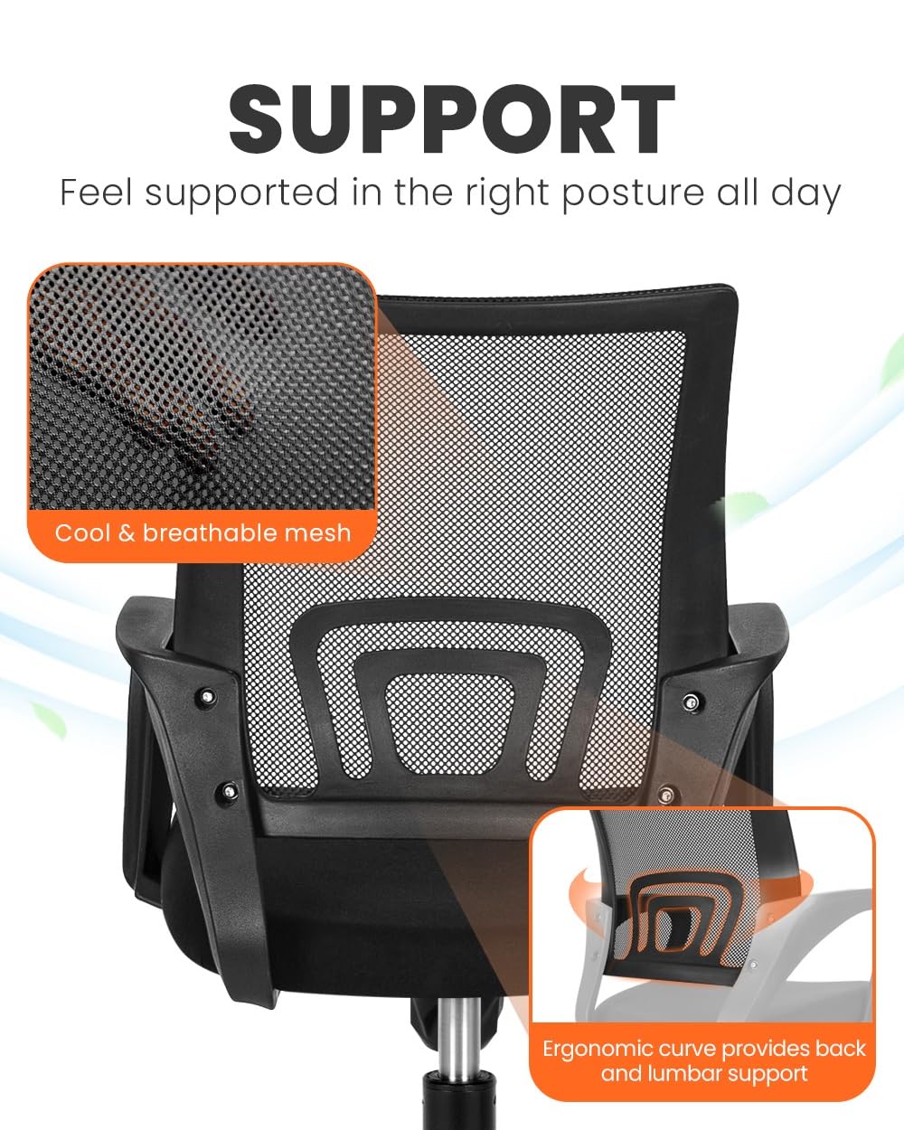 Office Desk Computer Chair Ergonomic Mesh Gaming Cushion Seat with Comfy Lumbar Mid Back Support Adjustable Height Swivel Rolling Wheels for Home Task (2 pk - Black)