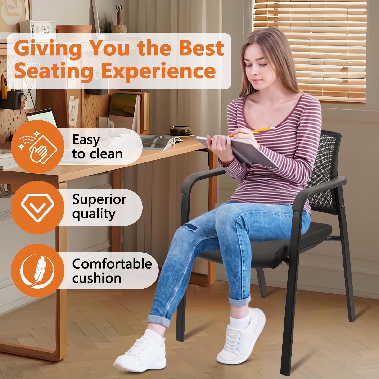 Stackable Office Chair, Mesh Back Guest Chairs with Comfortable Leather Seat Arms Stacking Ergonomic Desk Chair No Wheels for Conference Waiting Reception School Side Stationary, Black