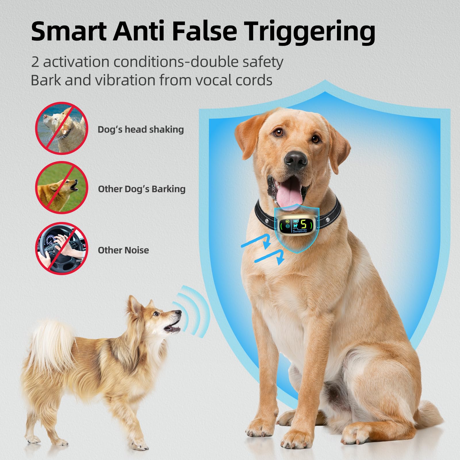 Dog Bark Collar for Large Medium Small Dogs, Rechargeable Smart Bark Collar, Anti Barking Training Collar with 5 Adjustable Sensitivity Beep Vibration (Gold)