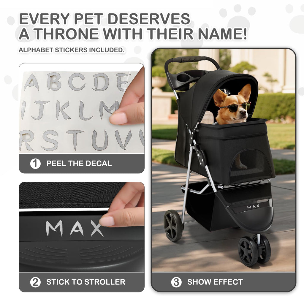 Foldable Pet Stroller with Weather Cover, 3 Wheels Pet Strolling Cart for Small/Medium Dogs and Cats with Storage Basket and Cup Holder, Breathable and Visible Mesh for All-Season, Black