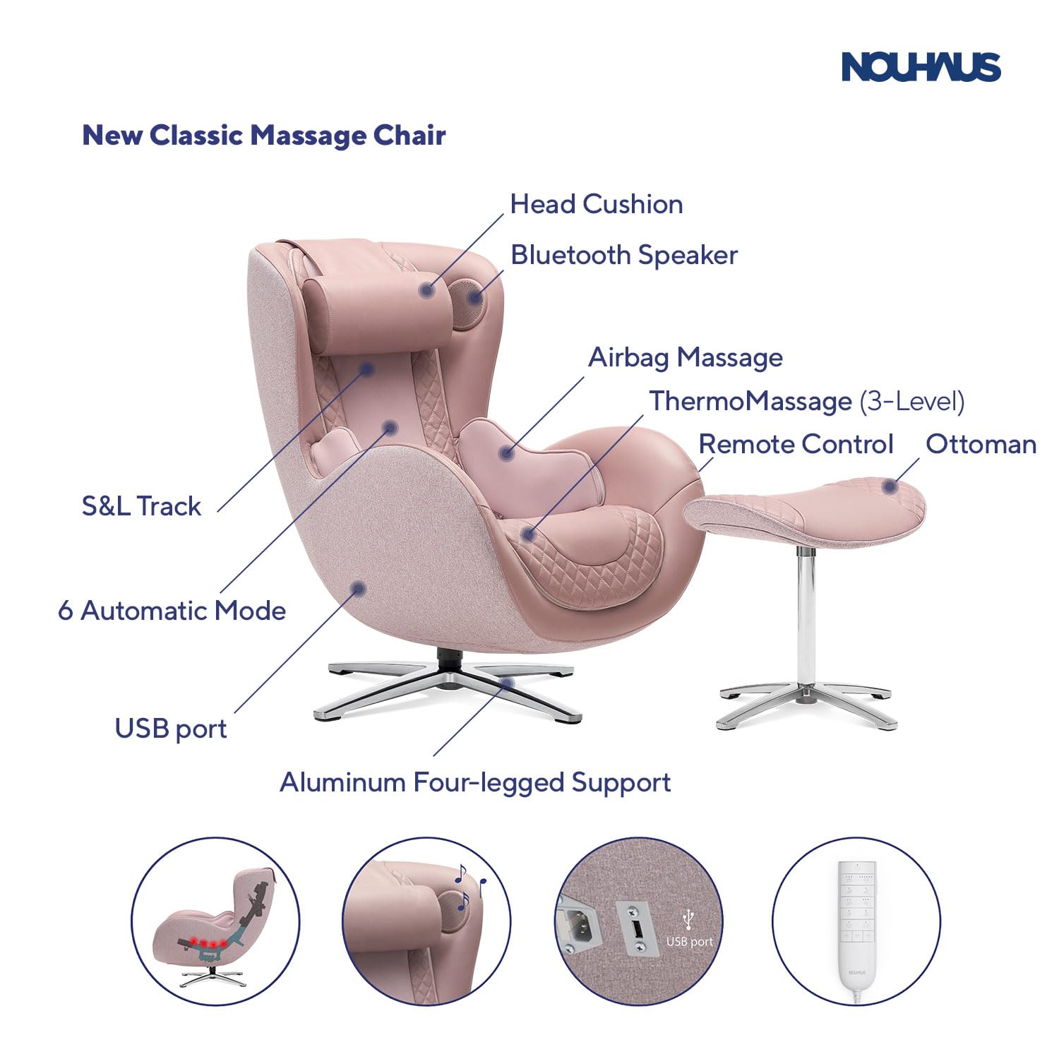 Classic Massage Chair with Ottoman – Pink Leather Recliner with Percussive Shiatsu Massager, Built-in Speaker & Full Body Spot Massage – Ultimate Comfort for Home & Office