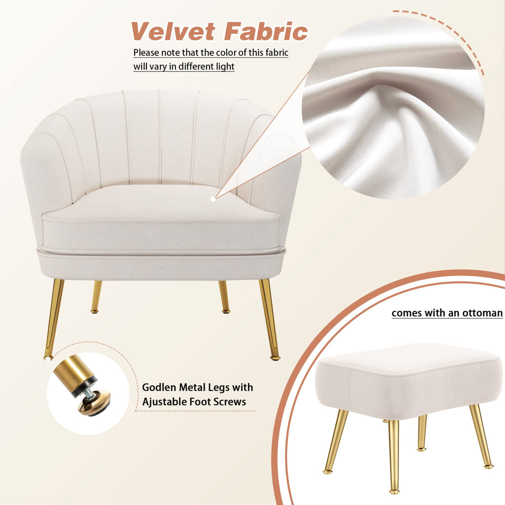 Velvet Accent Chair with Ottoman, Upholstered Modern Single Sofa Side Chair,Comfy Barrel Club Living Room Armchair with Golden Metal Legs for Bedroom Living Reading Room Office, Beige