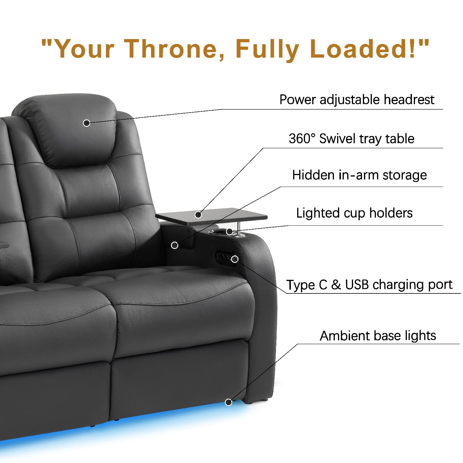 Home Theater Seating Simple Style Seats Top Grain Leather Loveseat Recliner Chair Dual Power Movie Theater Chairs Gaming Sofa with Tray Table (Black, Row of 2 Loveseat)