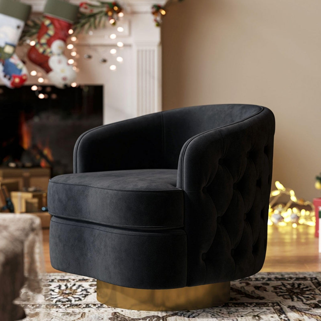 Black Modern Accent Chair, Swivel Barrel Armchair for Living Room, Button Tufted Velvet Comfy Chairs, Round Upholstered Single Sofa Seating with Gold Base