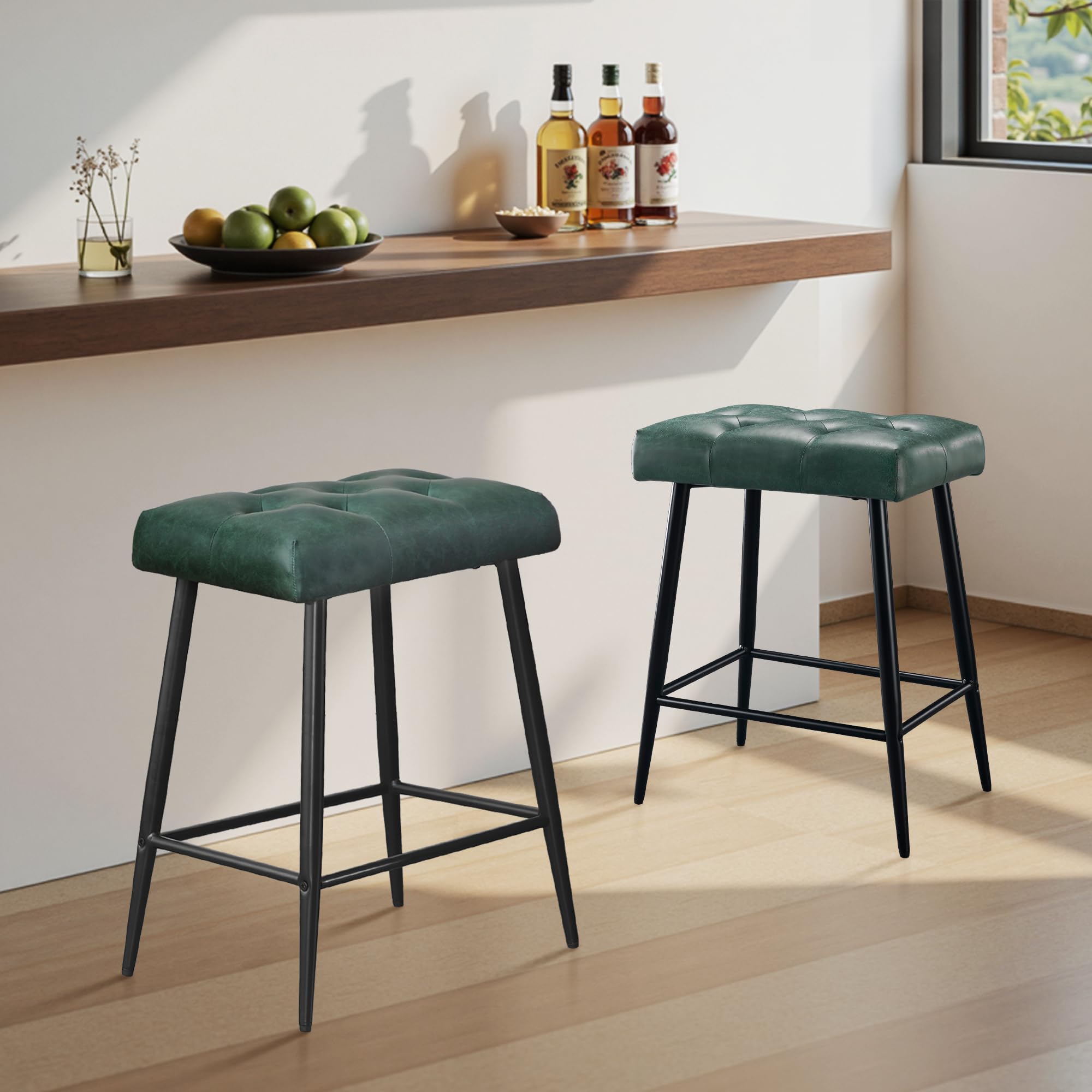 Bar Stools Set of 2, 24 Inch Counter Height Bar Stool for Kitchen Island, Modern Bar Hight Stools with Sturdy Metal Base and Thickened Saddle Cushion, 330Lbs, Green