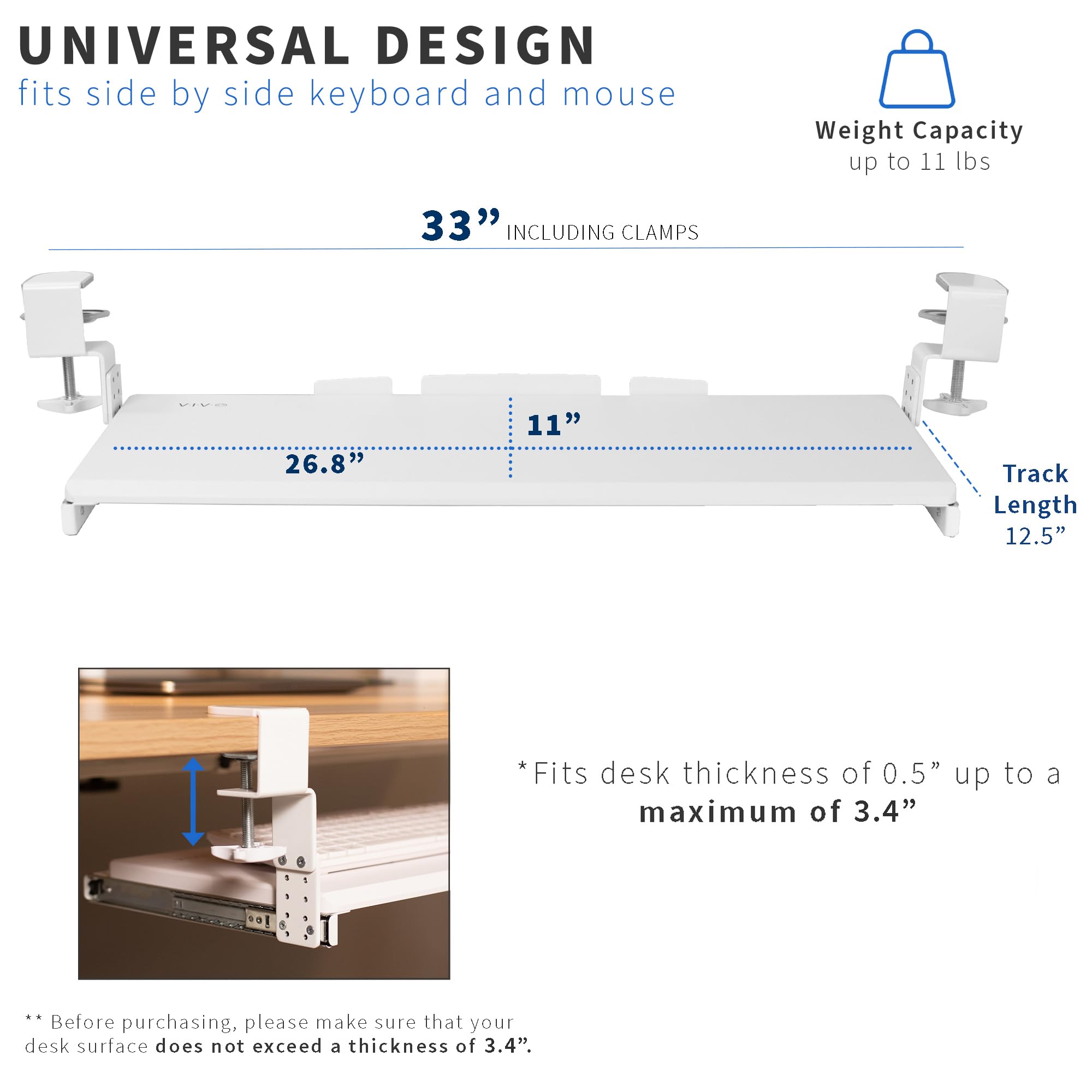 Large Height Adjustable Under Desk Keyboard Tray, C-clamp Mount System, 27 (33 Including Clamps) x 11 inch Slide-Out Platform for Typing, White, MOUNT-KB05HW