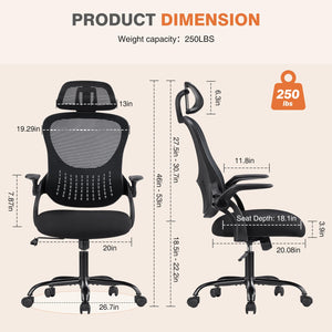 Home Office Managerial Executive Chair, High-Back Mesh with Adjustable Headrest, Flip-up Armrest Comfortable Lumbar Support, Comfy Arms for Bedroom,Study,Student