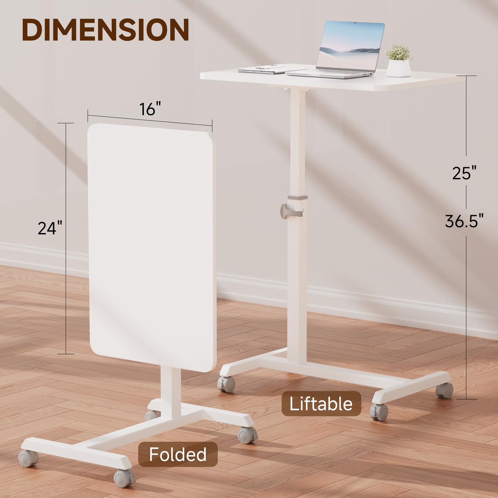 Small Standing Desk, 24 Inches Foldable Mobile Rolling Laptop PC Table with Lockable Casters, Adjustable Height Overbed Bedside Table Computer Workstation for Home Office, White-Foldable