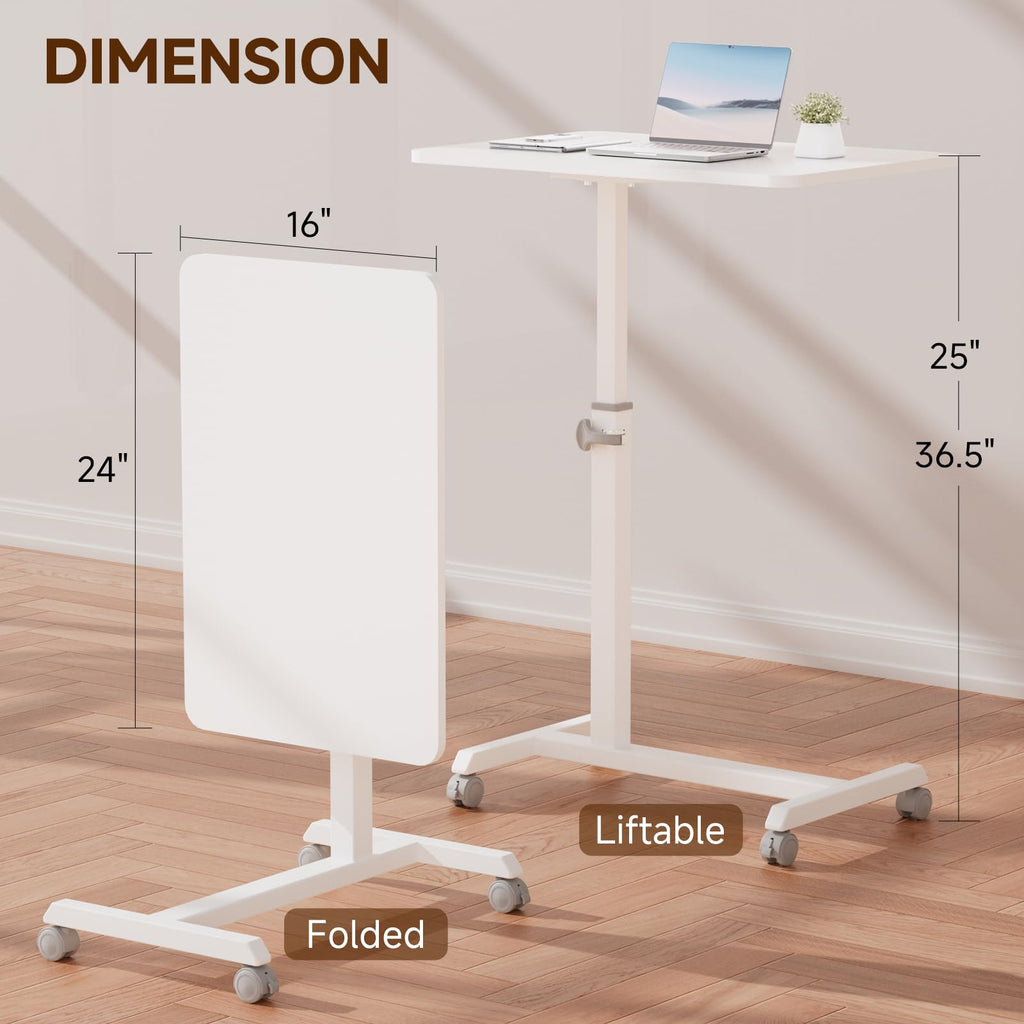 Small Standing Desk, 24 Inches Foldable Mobile Rolling Laptop PC Table with Lockable Casters, Adjustable Height Overbed Bedside Table Computer Workstation for Home Office, White-Foldable