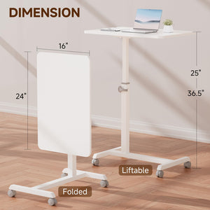 Small Standing Desk, 24 Inches Foldable Mobile Rolling Laptop PC Table with Lockable Casters, Adjustable Height Overbed Bedside Table Computer Workstation for Home Office, White-Foldable