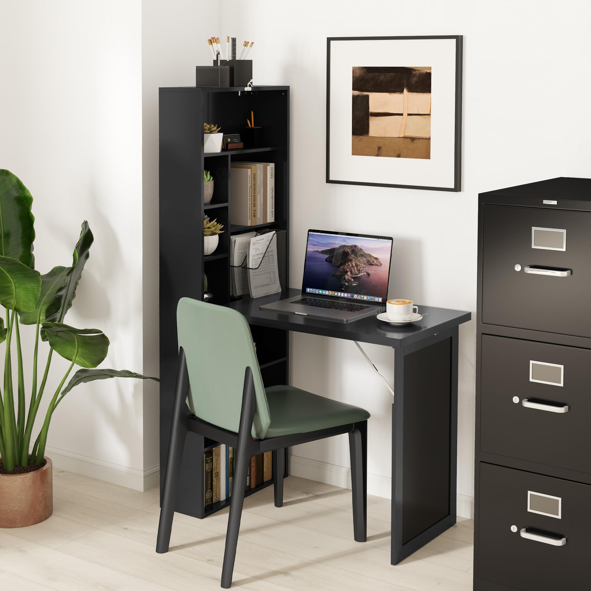 Fold-Out Convertible Writing Table, Computer Desk with Blackboard and Side Shelf Multi-Function Home Office Workstation, Black