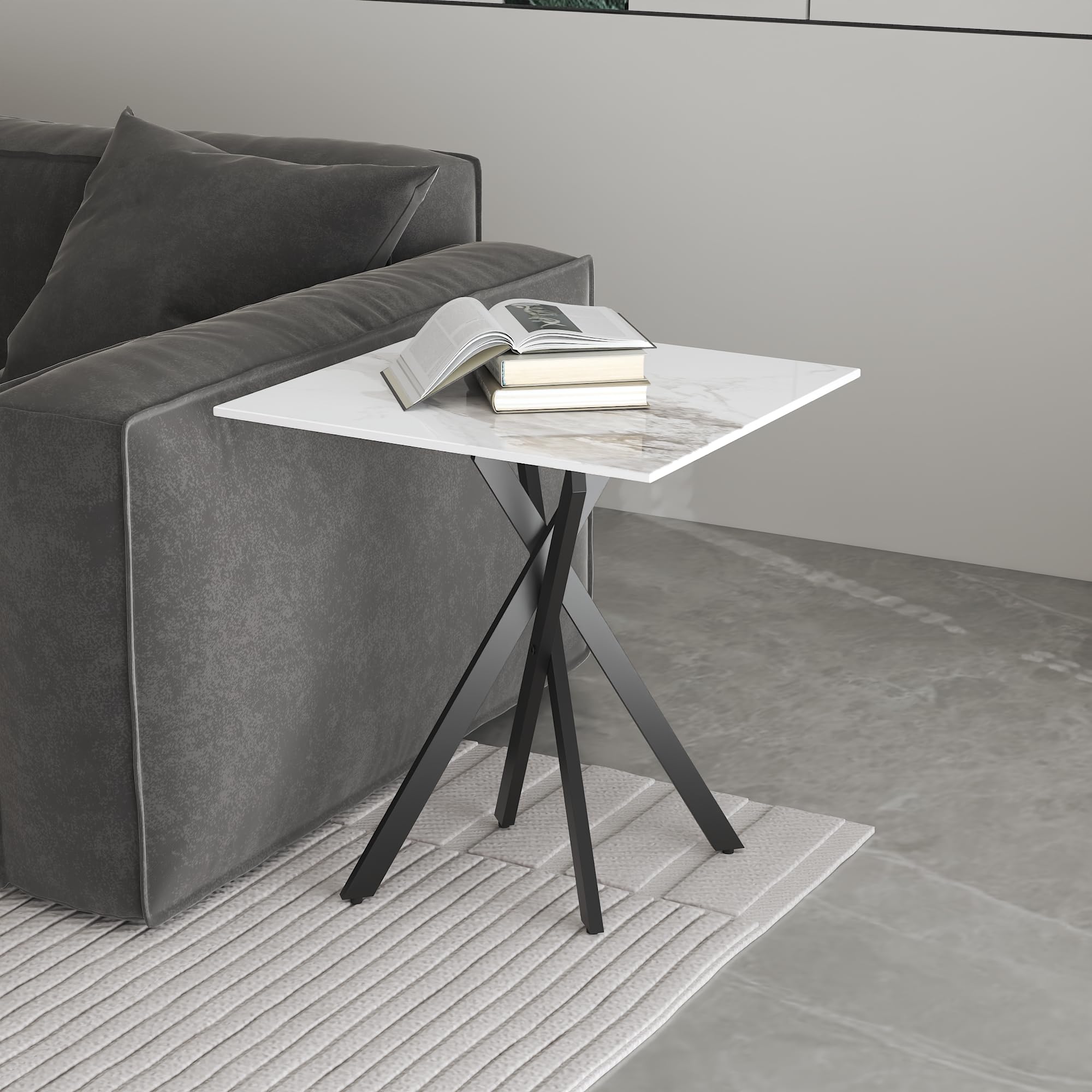 White Marble Side Coffee Table with Metal Legs, Samll Sintered Stone Square Modern End Table for Living Room Sofa Table Home Bed Office (1 Piece, 20