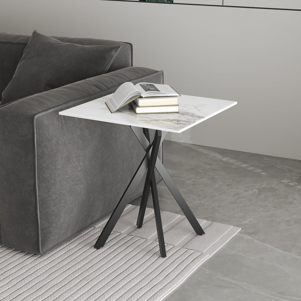 White Marble Side Coffee Table with Metal Legs, Samll Sintered Stone Square Modern End Table for Living Room Sofa Table Home Bed Office (1 Piece, 20"×20"×22")