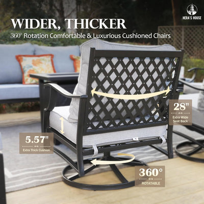 5 Piece Patio Furniture Set, 2 x Swivel Chair, 2 x Ottoman, 1 x 3-Seat Sofa, All Cushioned Outdoor Conversation Set for Lawn Garden Backyard Deck, Grey